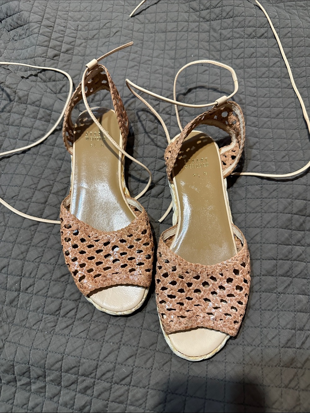 NWT Stuart Weitzman Woven Leather Lace-Up Sandals - Tan Size 6.5